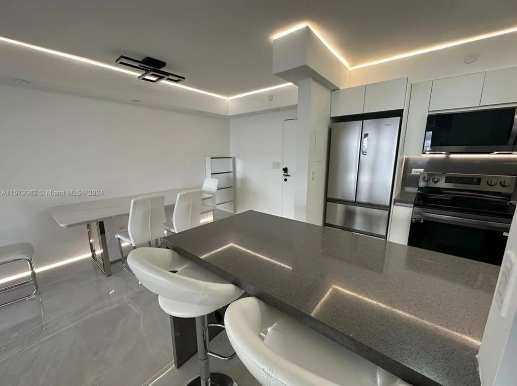 Modern kitchen with granite island and bar stools