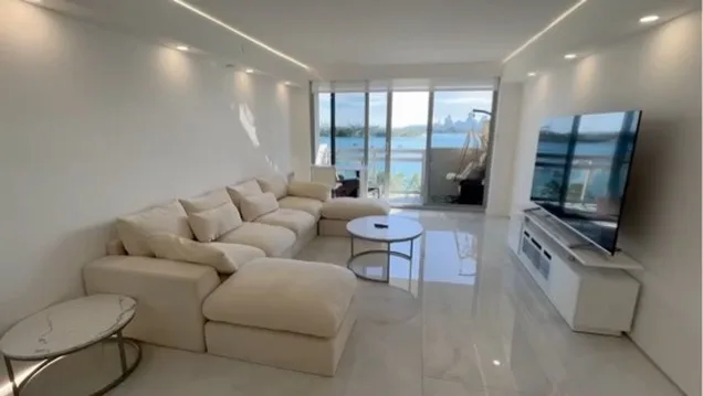Bright modern living room with Biscayne Bay views
