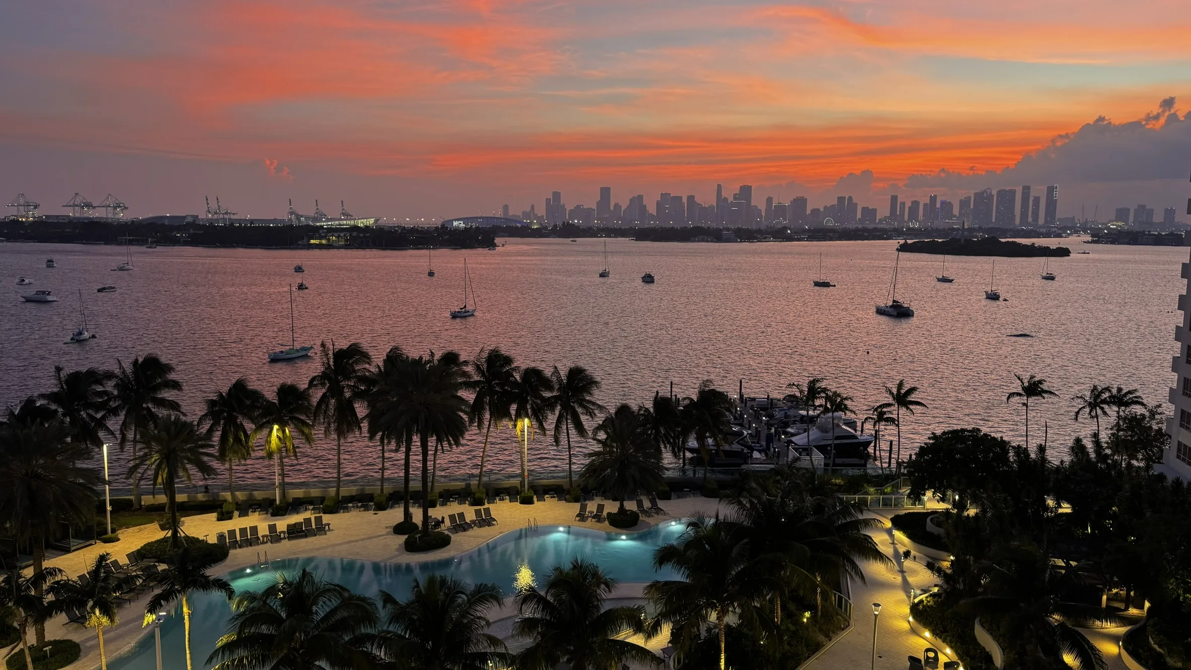 Sunset view of Biscayne Bay and Miami skyline from the apartment