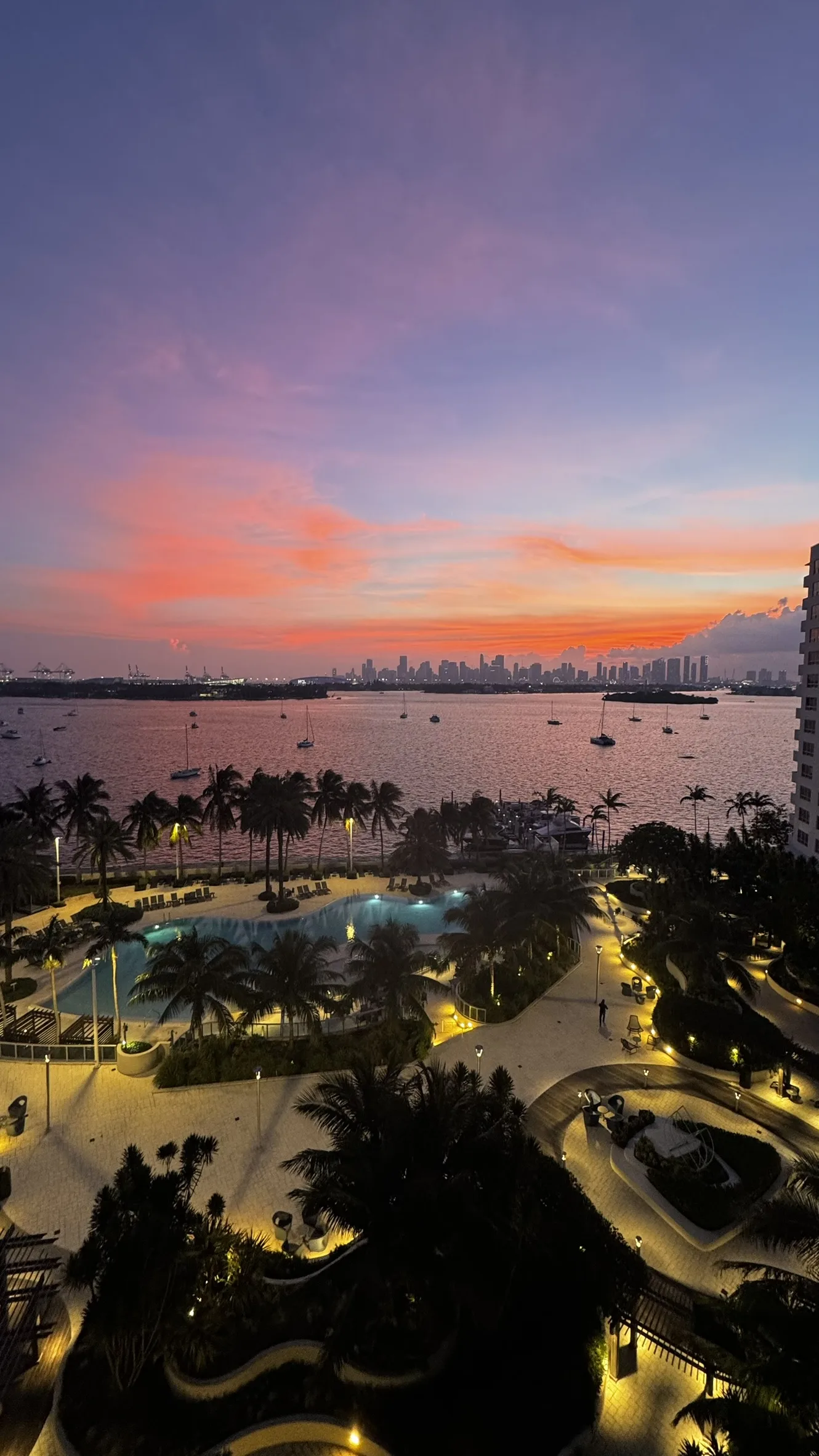 Twilight view over pool and palm trees toward Miami